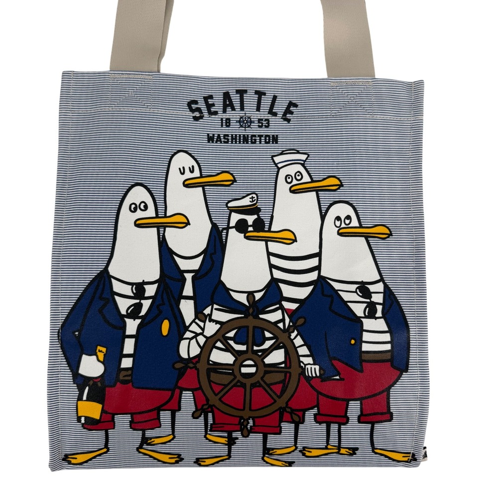 NWOT Chalo Seattle Seagull Sailor Tote Bag Blue White Pinstripe Canvas Nautical